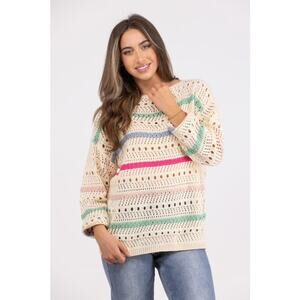 BiBi Sweater XL Rainbow Sherbet Chunk Open Knit Bohemian Oversized Crochet